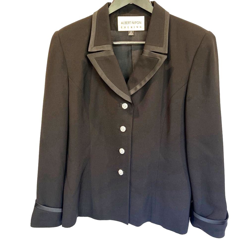 Albert Nipon Suit Evening Black Skirt Suit w satin trim & rhinestone buttons